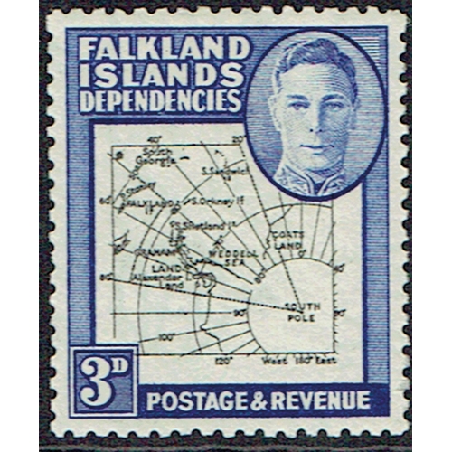 119 - FALKLAND IS. DEPS. - 1946 Thick Map 3d black and blue mounted mint single showing both extra Island ... 