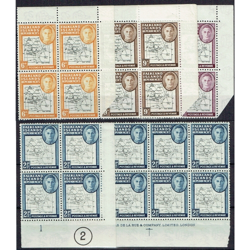 120 - FALKLAND IS. DEPS. - 1948 Thin Map group of mint / unmounted mint blocks of 4 incl. 6d, 9d & 1s in t... 