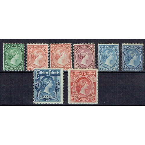 121 - FALKLAND ISLANDS - 1891-1898 Q.V. Mint assembly on stockcard includes ½d green, 1d (2 shades), 2d pu... 