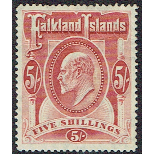 122 - FALKLAND ISLANDS - 1904 5s red mounted mint with hinge remains, well centred and sound, SG 50.