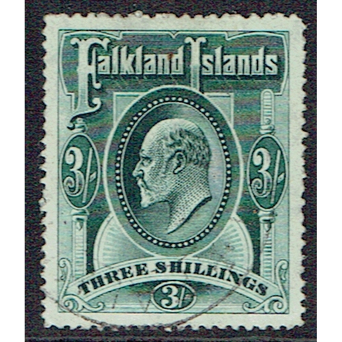 123 - FALKLAND ISLANDS - 1907 3s deep green fine used part CDS with a few uneven perfs otherwise sound, SG... 