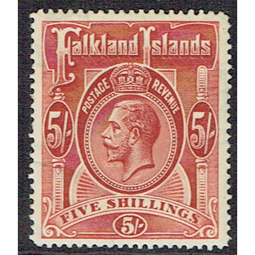 125 - FALKLAND ISLANDS - 1912 5s deep rose-red mounted mint example with hinge marks, well centred and fre... 