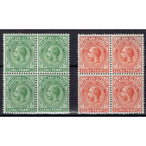 126 - FALKLAND ISLANDS - 1912-20 Wmk MCCA Two unmounted mint blocks of four, ½d yellow-green, 1d orange-re... 