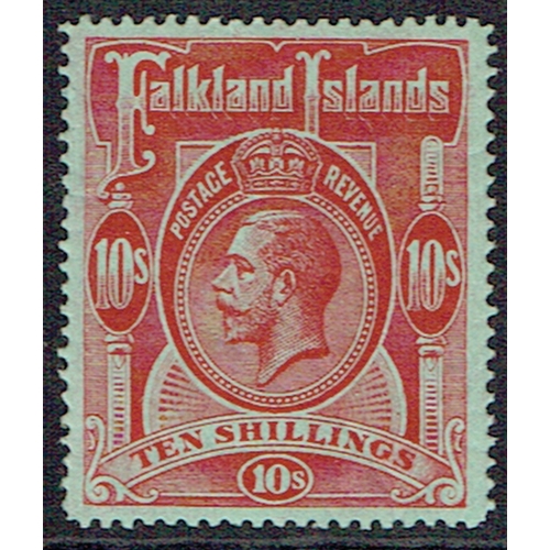 127 - FALKLAND ISLANDS - 1914 10s red on green very fine hinged mint example, fresh and well centred, SG 6... 