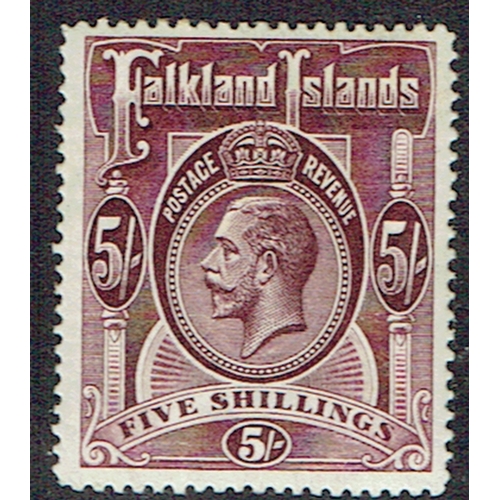 128 - FALKLAND ISLANDS - 1916 5s maroon mounted mint mint example with fine appearance and well centred, S... 