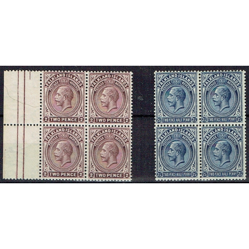 130 - FALKLAND ISLANDS - 1928 Wmk MS CA Two unmounted mint blocks of four, 2d left marginal block for redd... 