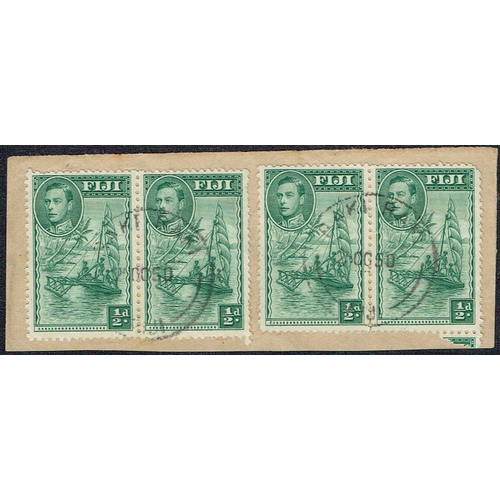 135 - FIJI - 1948 ½d green two pairs on paper with RAKIRAKI CDS cancels, with the last stamp showing extra... 