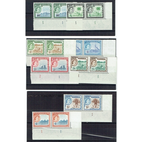 173 - GAMBIA - 1953 Pictorial long set of 15 each value in bottom right corner marginal plate number PAIRS... 