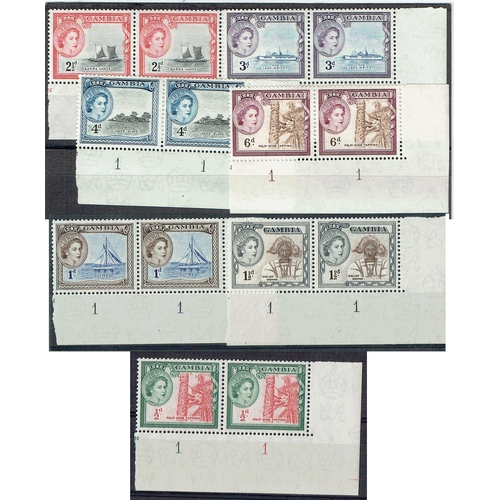 173 - GAMBIA - 1953 Pictorial long set of 15 each value in bottom right corner marginal plate number PAIRS... 