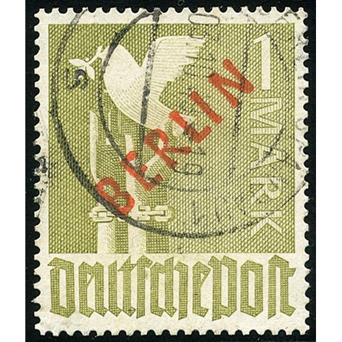 179 - GERMANY - W. BERLIN - 1949 Berlin overprint in red; 1m olive-green fine used nice CDS cancel, key va... 