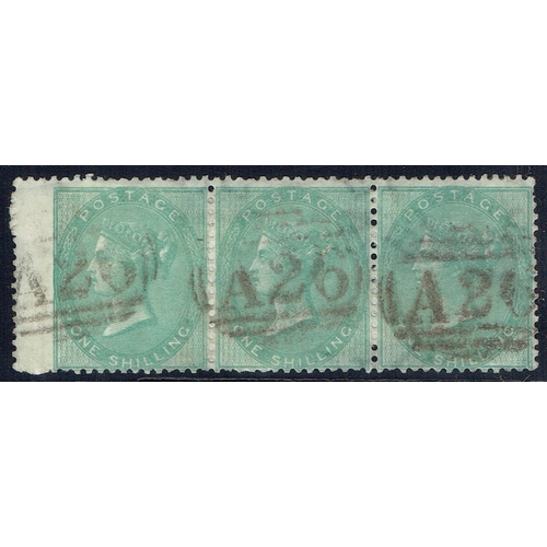 207 - GIBRALTAR - A26 Type Z3 cancels on 1856 1s green in a superb strip of three each bearing A26 cancel,... 