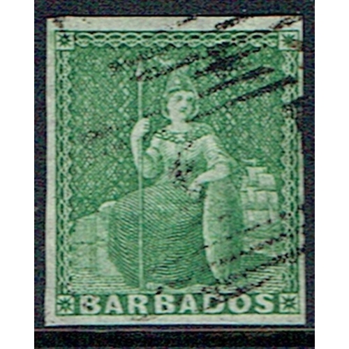 176 - BARBADOS - 1855 QV ½d Green fine used Barred Oval cancel, nice condition with 4 margins. (SG 2).