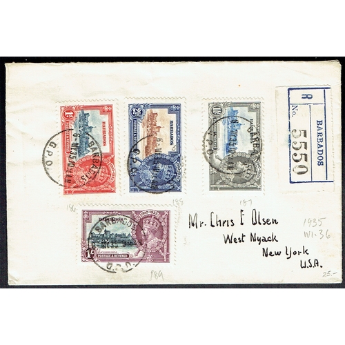 180 - BARBADOS - 1935 (6 May) Silver Jubilee set of four on registered FDC to New York. Pretty cover. SG 2... 