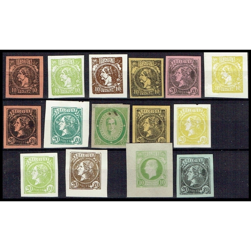 193 - BELGIUM - ESSAYS assembly of imperf defins for 10c or 20c values on coloured papers (all different),... 