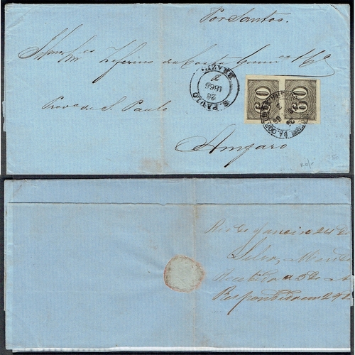 219 - BRAZIL - 1866 (March) Entire Rio De Janeiro to Sao Paulo bearing pair of 1850 60r black tied cds and... 