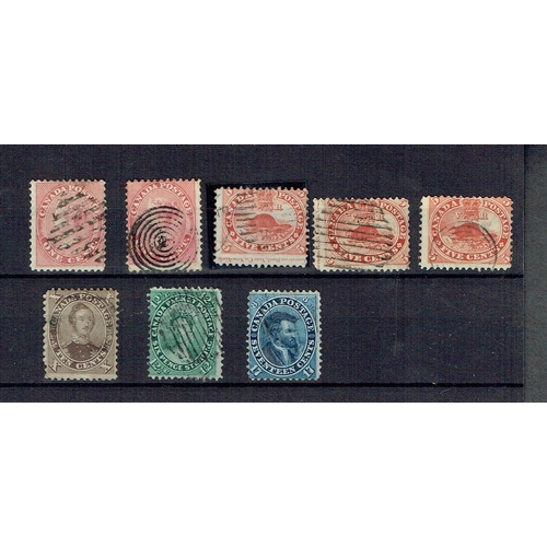 267 - CANADA - 1859 Small used range of QV defins incl 1c rose (2), 5c red Beaver (3, two showing margin i... 