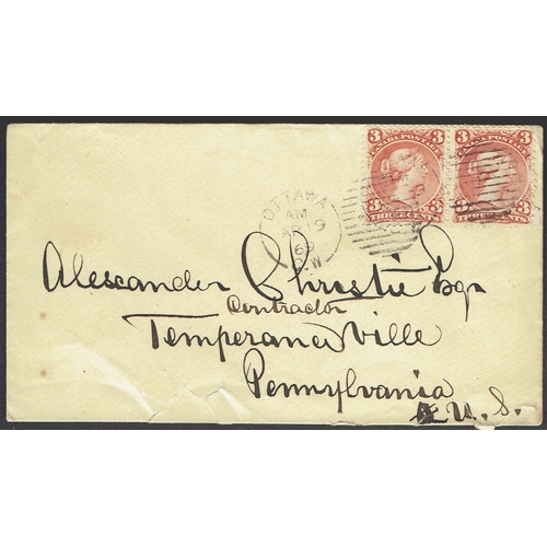 269 - CANADA - 1869 (19 Apr) Cover Ottawa to USA bearing nice pair of 3c brown-red neatly tied OTTAWA AM A... 