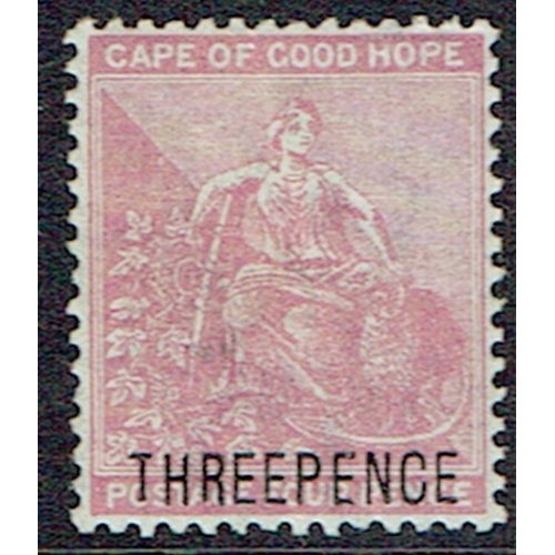 284 - CAPE OF GOOD HOPE - 1880 Three Pence on 4d pale dull rose mounted mint, large part o.g., short T & R... 