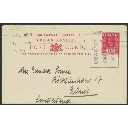 291 - CEYLON - 1915 6c bright carmine Postal Stationery card cancelled COLOMBO machine mark and with neat ... 