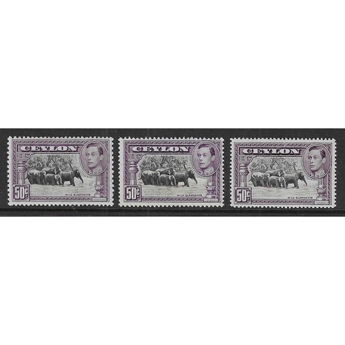 297 - CEYLON - 1938-49 Perforation varieties for three key 50c black and mauve for perf variations SG 394 ... 