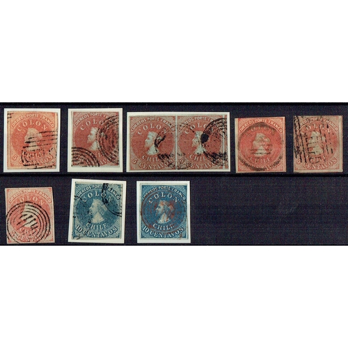 303 - CHILE - 1855-65 Small group of 7 imperfs and pair mainly fine used incl 1855 Blued paper 5c brown-re... 