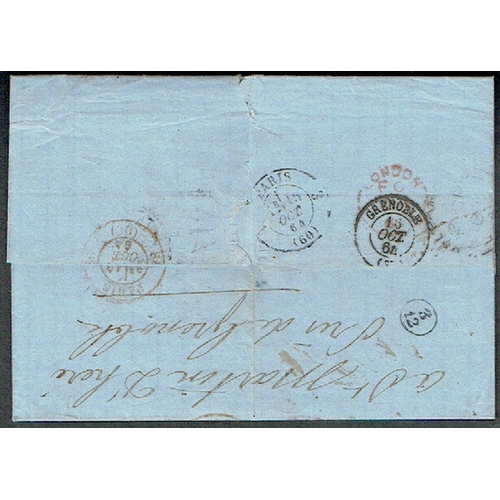 304 - CHILE - 1864 Entire Letter in French to Paris unstamped sent Via Panama with 19 chargemark and trans... 