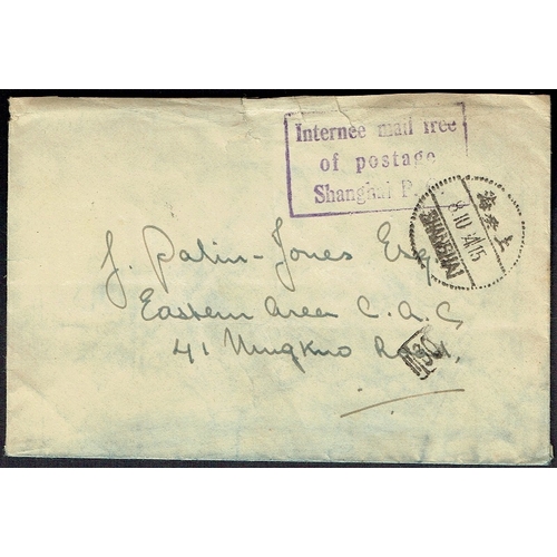 310 - CHINA - 1944 Internee Mail Free of Postage Shanghai P.O. handstamp in violet on torn cover to Palin ... 