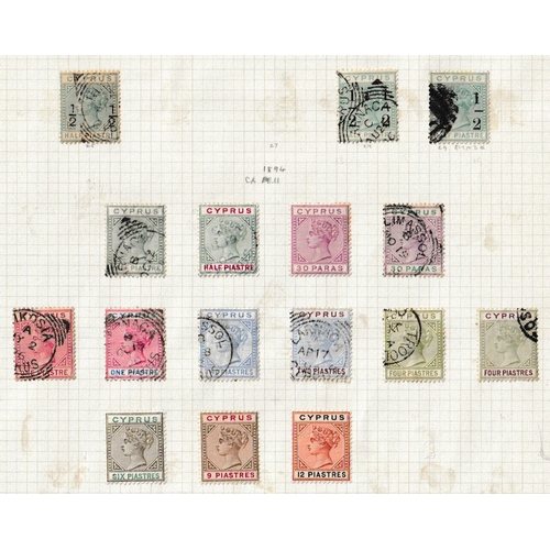 322 - CYPRUS - 1880-1896 Collection on two album pages for QV issues including 1880 1d red plates 201, 215... 