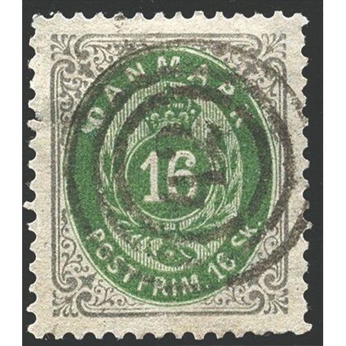 332 - DENMARK - 1870-74 16sk bright green and grey fine used nice concentric circle numeral 23? of Hadersl... 