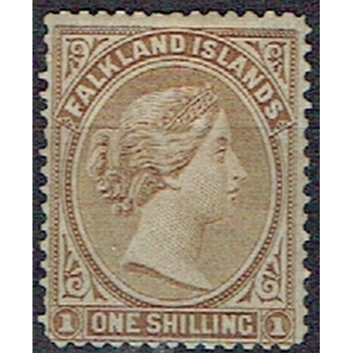 346 - FALKLAND ISLANDS - 1878 1s Bistre-Brown mounted mint nice stamp. SG 4.