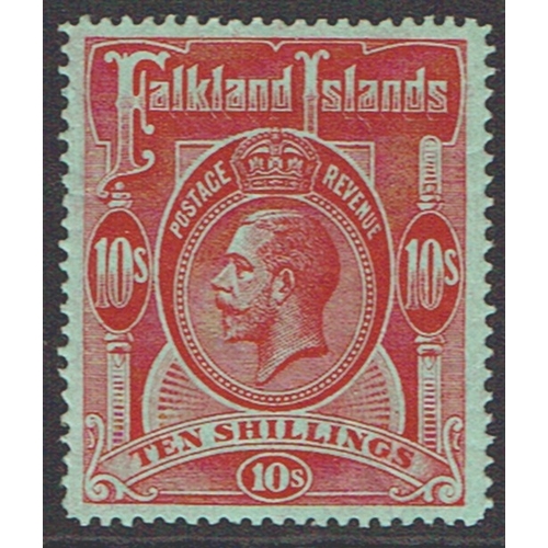 357 - FALKLAND ISLANDS - 1914 10s red on green very fine hinged mint example, fresh and well centred, SG 6... 