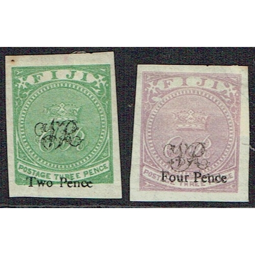 364 - FIJI - 1876-77 2d on 3d green and unissued Four Pence on 3d mauve both imperf printer's trial on gum... 