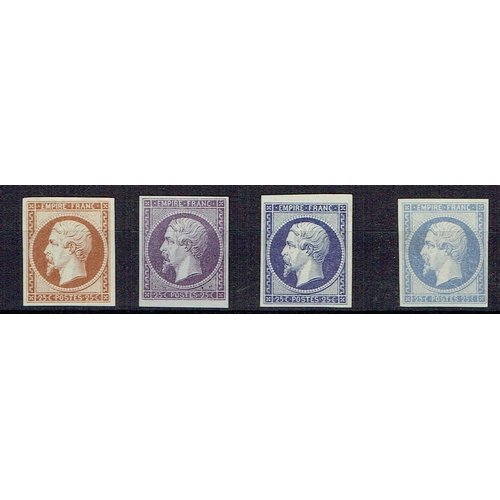 374 - FRANCE - 1853-60 Empire Franc Napoleon Colour trials on unused paper for 25c value in four different... 