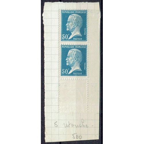 381 - FRANCE - 1923 Pasteur 50c blue in bottom right corner marginal vertical pair with bottom stamp showi... 