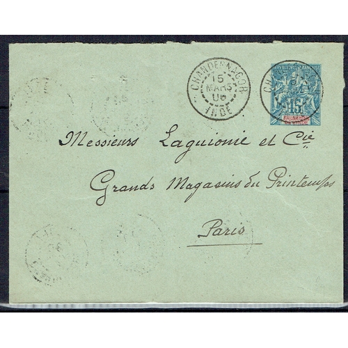 399 - FRANCE - COLONIES - Indian Settlements: 1906 15c postal stationery env. neatly cancelled CHANDERNAGO... 