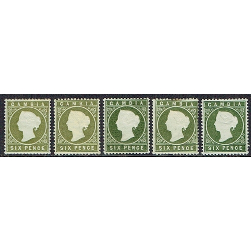 409 - GAMBIA - 1886-1893 Mint assembly identified on album page in mounts including shades ½d (3), 1d (3),... 