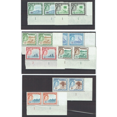 419 - GAMBIA - 1953 Pictorial long set of 15 each value in bottom right corner marginal plate number PAIRS... 