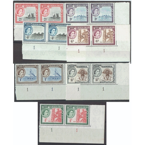 419 - GAMBIA - 1953 Pictorial long set of 15 each value in bottom right corner marginal plate number PAIRS... 