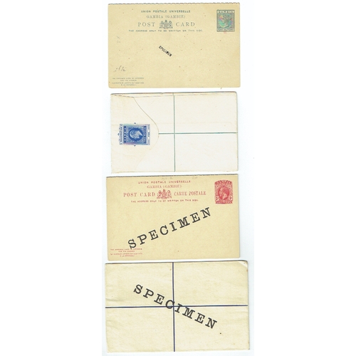 420 - GAMBIA - SPECIMEN Overprints on eight Queen Victoria reply card, registered P/S env. Includes QV 1d ... 