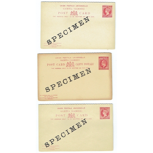 421 - GAMBIA - SPECIMEN Overprints on five Queen Victoria reply card postal stationery & one EDVII reply c... 