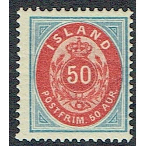 506 - ICELAND - 1892 P. 14 x 13½ 50a red and blue unmounted mint example, superb and fresh, Facit 18. Scar... 