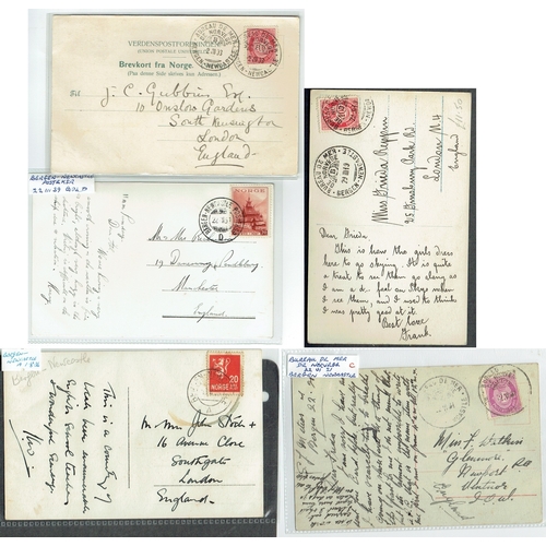 57 - POSTAL HISTORY - Maritime: Norway Bergen - Newcastle Posteksr cancels on five postcards 1903-39 each... 