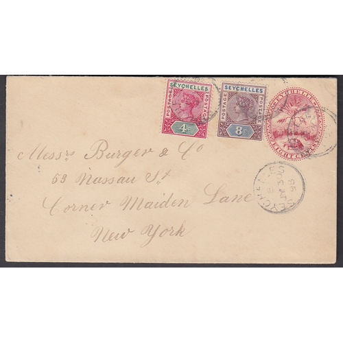 1141 - SEYCHELLES - 1898 (30 July) 8c carmine tortoise postal stationery envelope to New York uprated with ... 