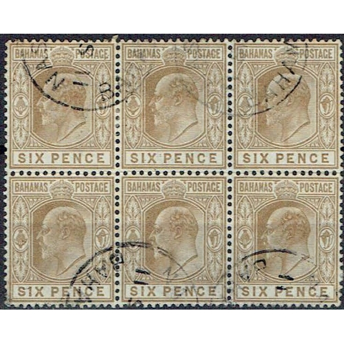 120 - BAHAMAS  - 1902 Wmk CA 6d brown in an unusual block of 6 fine used NASSAU CDS cancels, few perf spli... 