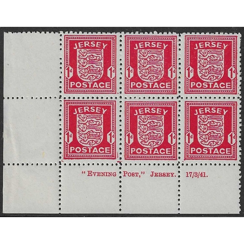 1616 - GREAT BRITAIN -  JERSEY - 1941-42 Two bottom left corner imprint blocks of 6 ½d bright green Evening... 