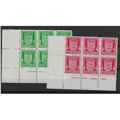 1616 - GREAT BRITAIN -  JERSEY - 1941-42 Two bottom left corner imprint blocks of 6 ½d bright green Evening... 