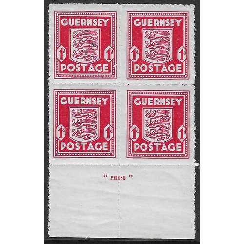 1624 - GREAT BRITAIN -  GUERNSEY - 1942-43 1d scarlet Imprint blocks of four mint / U/M for different print... 