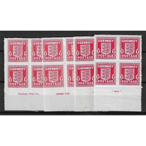 1624 - GREAT BRITAIN -  GUERNSEY - 1942-43 1d scarlet Imprint blocks of four mint / U/M for different print... 