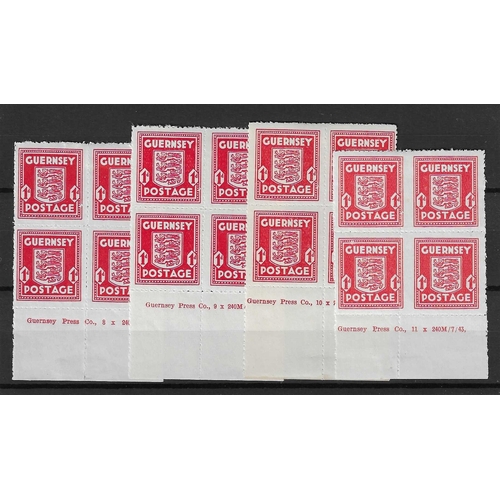 1625 - GREAT BRITAIN -  GUERNSEY - 1942-43 1d scarlet Imprint blocks of four mint / U/M for different print... 