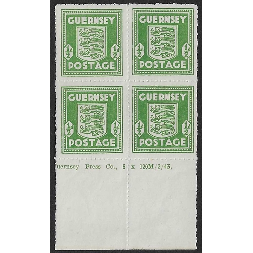 1626 - GREAT BRITAIN -  GUERNSEY - 1943 ½d olive-green Imprint block of four mint / U/M for 8th printing 8 ... 